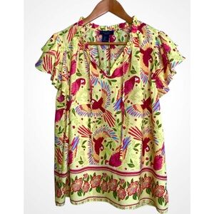 Rachel Roy Red &Yellow Colorful Parrot Print Short Ruffle Sleeve Blouse Large